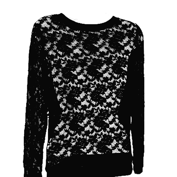 Ambiance Black Floral Lace Mesh Long Sleeve Stretchy Top L - Picture 1 of 4
